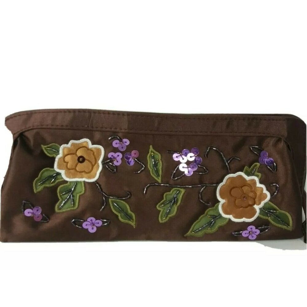 Vtg Embellished Brown Floral Clutch Purse Handbag 10" Evening Party Satin Light